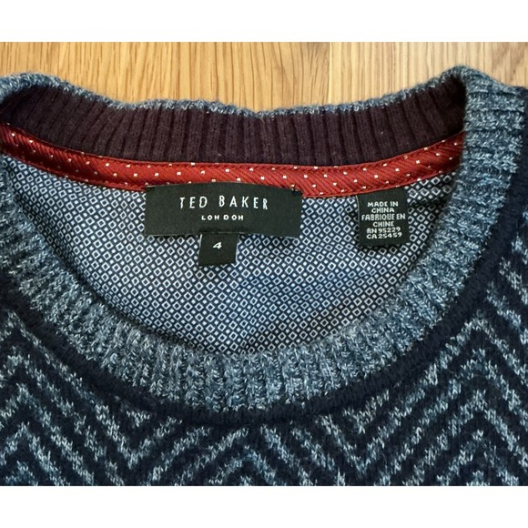 Ted Baker London Crewneck Sweater Men's Large Chevron Knit Navy Gray Wool Blend - Picture 4 of 10